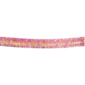 Pink foil fringe banner with gold Feliz Cumpleaños text for birthday party decoration - Spanish Cursive Pink