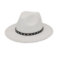 Close-up of white wool fedora hat featuring black leather band with silver metal rivets - White