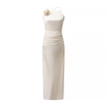 Elegant beige satin halter dress with 3D flower detail and ruched waistline - S / Milky White