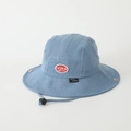 Detailed view of light blue denim bucket hat with red patch and adjustable wind cord - 52cm (2-5 Years) / Red Label - Blue