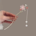 Golden tree branch hair pin with pink flowers and hanging pearl tassel accessory - Peach Blossom Pink