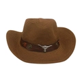 Καφέ υφαντό ψάθινο καπέλο cowboy με δερμάτινη ζώνη και ασημένιο κεφάλι ταύρου - Στυλ Μεταλλικό Κεφάλι Ταύρου Με Κεντημένο Λουλούδι / Καφέ