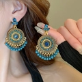 Bohemian gold earrings with blue rhinestones and dangling faux pearls on model - 7# Blue Gemstone Beads (Gold-Blue)