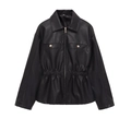 Women's slim fit black faux leather jacket with waist cinch and gold zipper details - XS / Black