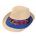 Cappello di paglia beige con nastro floreale viola etnico e bordo blu scuro - Nastro Floreale Etnico (Stile 1) / Beige