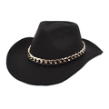 Classic black wool felt wide brim jazz fedora with gold metal chain belt decoration - Black / M (56-58cm)