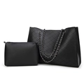 Women's black quilted tote and clutch bag set with elegant silver chain shoulder straps - Black