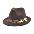 Dark brown wool felt fedora with leopard print band and pearl accents in a classic style - M(56-58cm) / Coffee