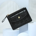 Black faux crocodile leather wallet with gold zipper and snap button compartment - Black