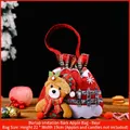 Christmas bear gift bag with red plaid drawstring made of rustic burlap 22x19cm - Burlap Bark Pattern Apple Bag Bear