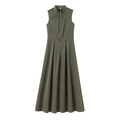 Elegant sleeveless army green maxi dress with a stand collar and front zipper detail - XS / Dark Gray