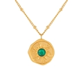 Gold sunburst pendant necklace with emerald green gemstone and beaded chain design - Gold/Green