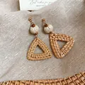Bohemian triangle rattan drop earrings with wooden beads and raffia woven textures - Triangle Style / S925 Silver Pin