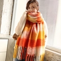 Thick winter scarf with orange, yellow, and white plaid gradient and fringe details - Maple Leaf Yellow