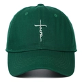 Close-up of white faith cross embroidery on dark green cotton twill baseball cap - Adjustable / Green