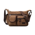 Brown canvas crossbody bag with multiple functional pockets and adjustable wide strap - Coffee Small