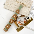 Handmade green macrame flower keychain wristlet with gold spring clasp and wooden beads - Bean Green + Dark Coffee
