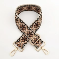 Close-up of bohemian jacquard wide bag strap with durable gold metal swivel hooks - Black Brown Floral