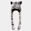 Winter plush leopard print earflap hat with long ears and warm faux fur design - White