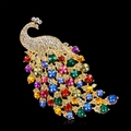 Extra large golden peacock brooch pin inlaid with vibrant multi-colored crystal rhinestones - Gold with Multi-color Rhinestones