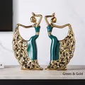 Nordic ceramic peacock dancer figurines in green and gold finish, pair set 31cm height - Pair (Dark Green Peacock Dancer)