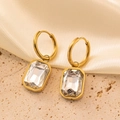Luxurious 18K gold plated hoop earrings with rectangular clear zircon stone pendant - Gold with White Zirconia