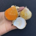 Three natural scallop shell pendants in orange, yellow and white with gold metal plating - No.23 (Orange Yellow White Fan Shell - Gold Edge)