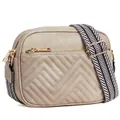 Quilted khaki crossbody bag with textured faux leather and wide geometric shoulder strap - Apricot