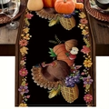 Harvest table runner with turkey and pumpkin motifs on dark fabric for Thanksgiving decoration - 33cm*90cm