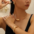 Polished gold waterdrop jewelry set with open bangle, earrings, necklace and ring - Earrings + Choker + Ring + Thick Bangle (48) / Four-Piece Set / KC Gold