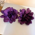 Handmade deep purple fabric flower earrings with soft satin petals and silver needles - 22# Silver Earring Post - Purple