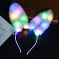White plush cat ear headband with colorful LED lights and battery box detail - Bunny Ear Headband / New White + Colorful Light