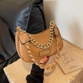 Fashionable camel hobo underarm bag with thick gold chain and woven strap detail - Khaki