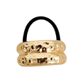 Detailed close-up of golden hammered metal ponytail holder with elastic hair tie - Gold Double Bar Liquid Metal