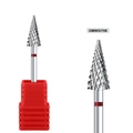 Macro detail of alloy nail drill bit with cross-cut teeth and red base for manicure removal - Red Ring Umbrella Drill Bit (OMWGY08)