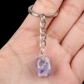 Purple natural stone rectangular pendant keychain with silver metal chain and ring - Lilac Stone