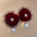 Close-up of wine red pompom earring with zircon center and large white pearl drop - Wine Red (925 Silver Needle)