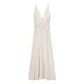 Elegant beige satin maxi dress featuring intricate lace cutout patchwork detailing - S / Off White