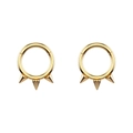 Detailed view of golden punk style circular barbell rings with three sharp cone spikes - Gold