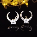 Silver horn-shaped zircon stud earrings with premium mirror reflection and bokeh - Horn Moon / Silver
