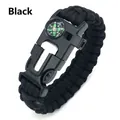 Black survival paracord bracelet with integrated compass whistle and flint scraper - Black