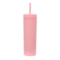 Close-up of pink 16oz frosted double-wall plastic cup with matching straw and matte finish - 16oz / Hot Pink