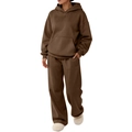 Women's brown cotton blend hoodie and wide-leg jogger set with a relaxed drop shoulder fit - Coffee