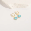 Minimalist evil eye gold dangle earrings with blue enamel on white stone background - Blue Evil Eye