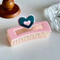 Pink matte rectangle hair claw clip with contrast green and pink heart-shaped details - Pink