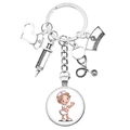 Silver nurse keychain with stethoscope, syringe and cute cartoon nurse pendant - Cartoon Nurse Side Face