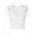 White deep V-neck crop top with shoulder ties and elegant ruched pleats for women - S / Tie-up Ruched Style / White