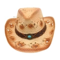 Hollow straw cowboy sun hat with ombré brim and turquoise leather band detail - Khaki