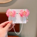 Pink hanfu hair clips for girls with chiffon flowers and long pearl tassel charms - 5# Gradient Pink Forehead Chain