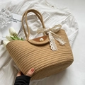 Khaki straw woven tote bag with white lace bow and pearl clasp for summer vacations - Khaki with Brown Leather Flap (with Scarf)